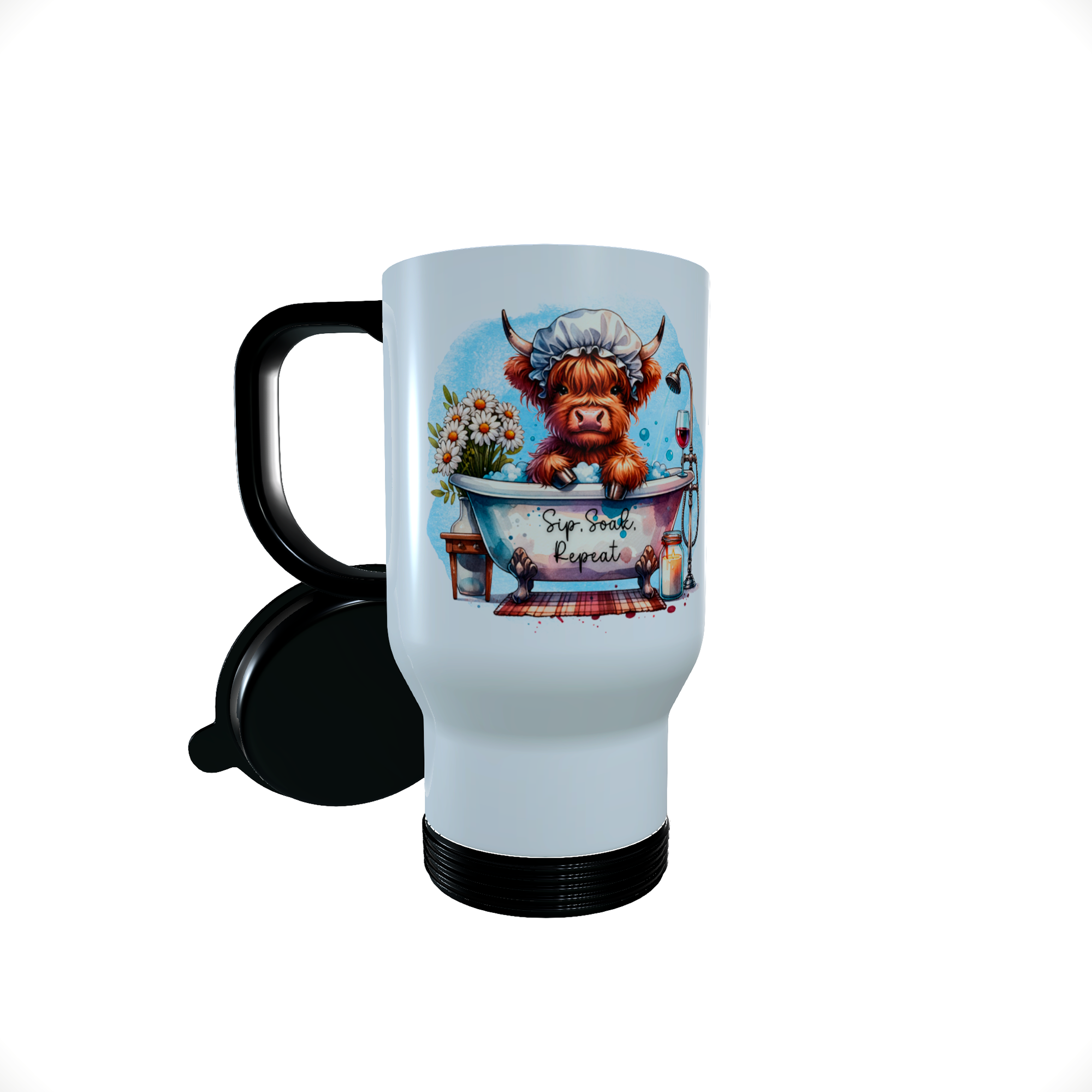 Funny Highland Cow in the bath.. Thermal travel mug